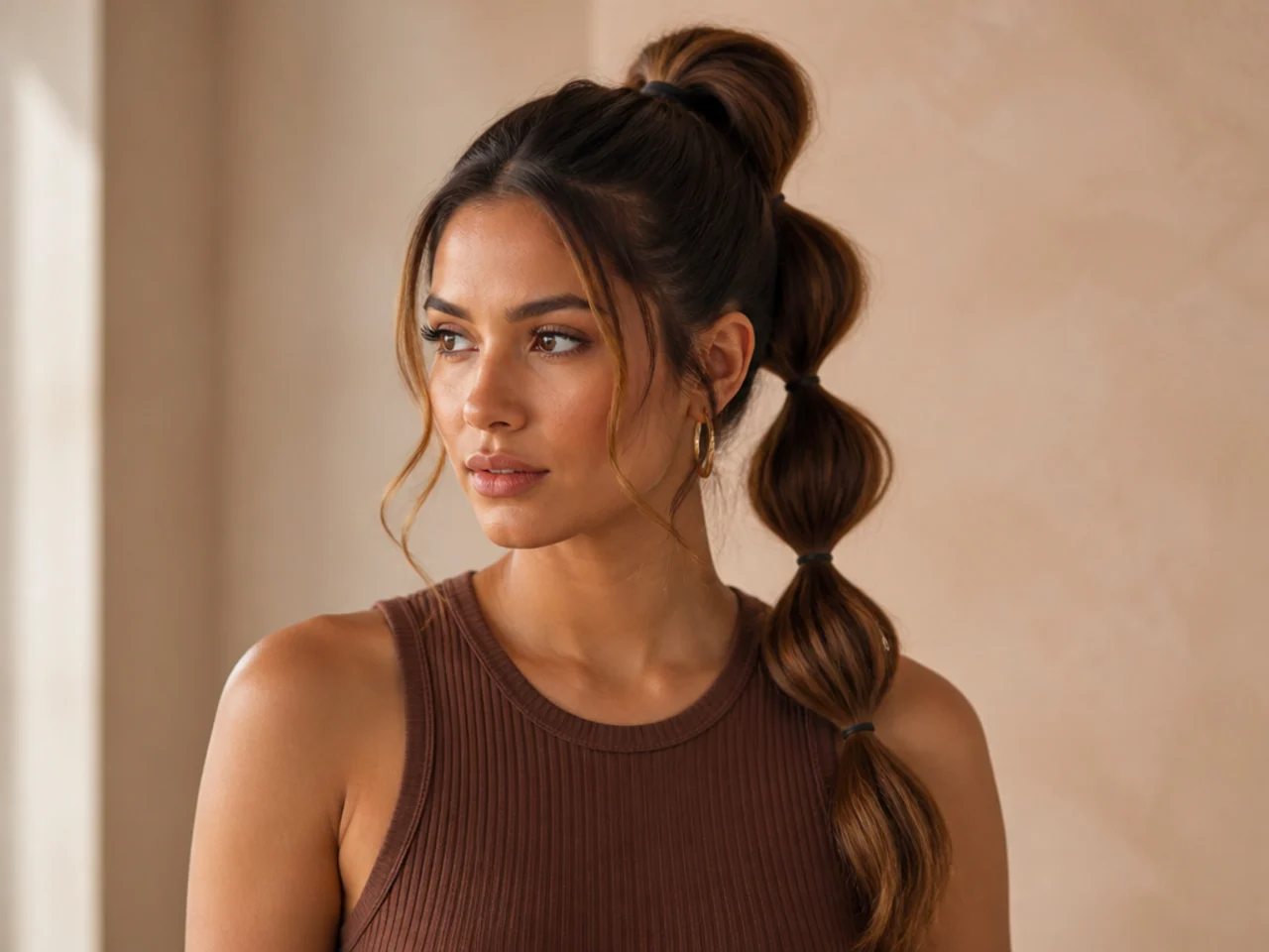 Latina woman aged 24 wearing a bubble ponytail with three defined puff sections down long straight brown hair