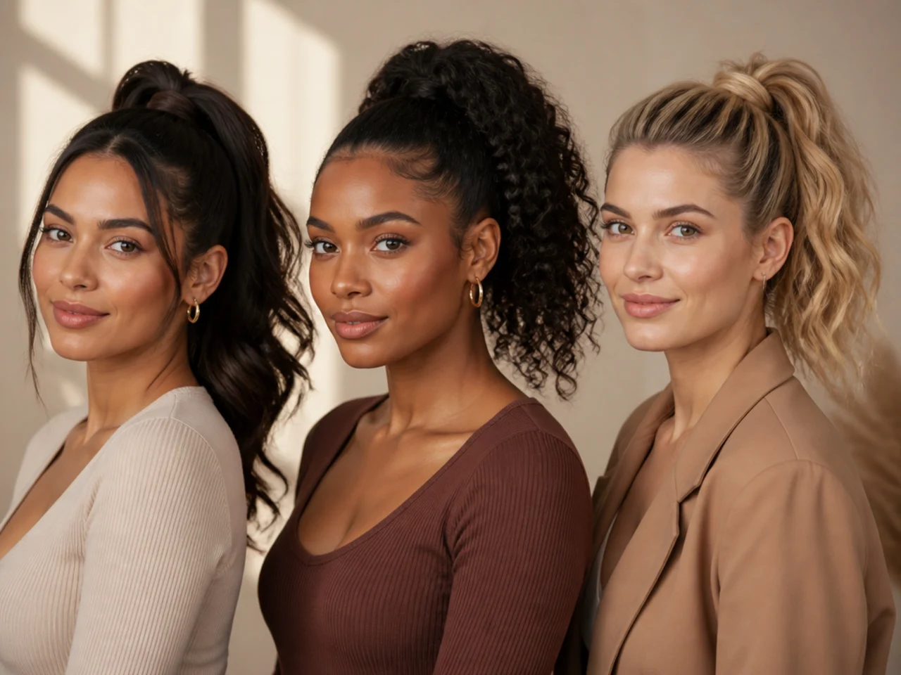 Six women modeling different cute high ponytail hairstyles standing side by side