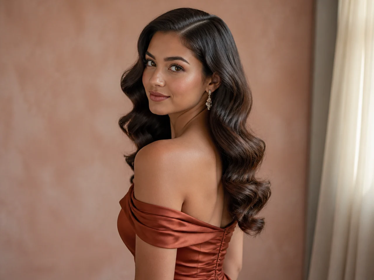 Off-shoulder dress with Hollywood waves