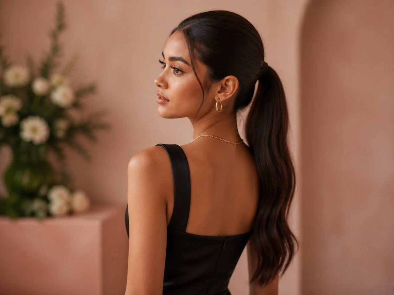 Square-neck dress with a sleek ponytail