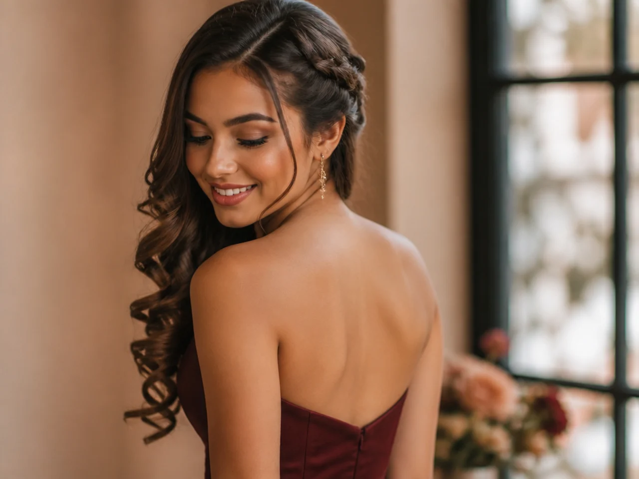 Sweetheart neckline with side-swept curls