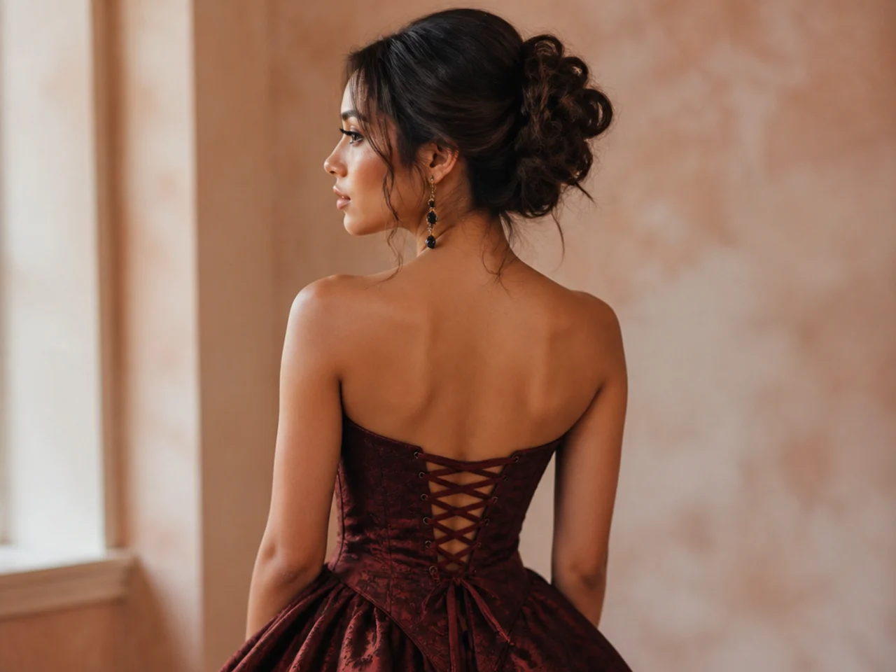 Corset-back dress with hair worn up