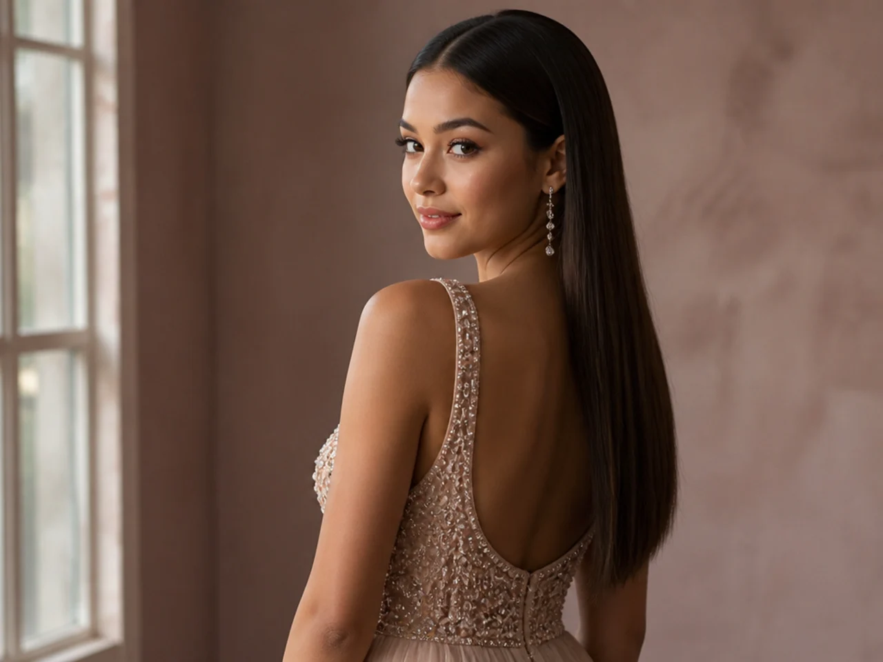 Heavily beaded bodice with simple sleek hair