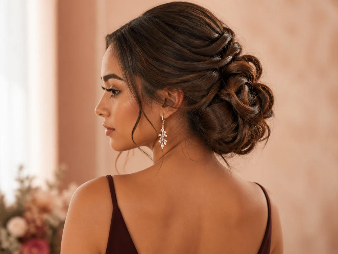 Plain dress with an intricately detailed updo