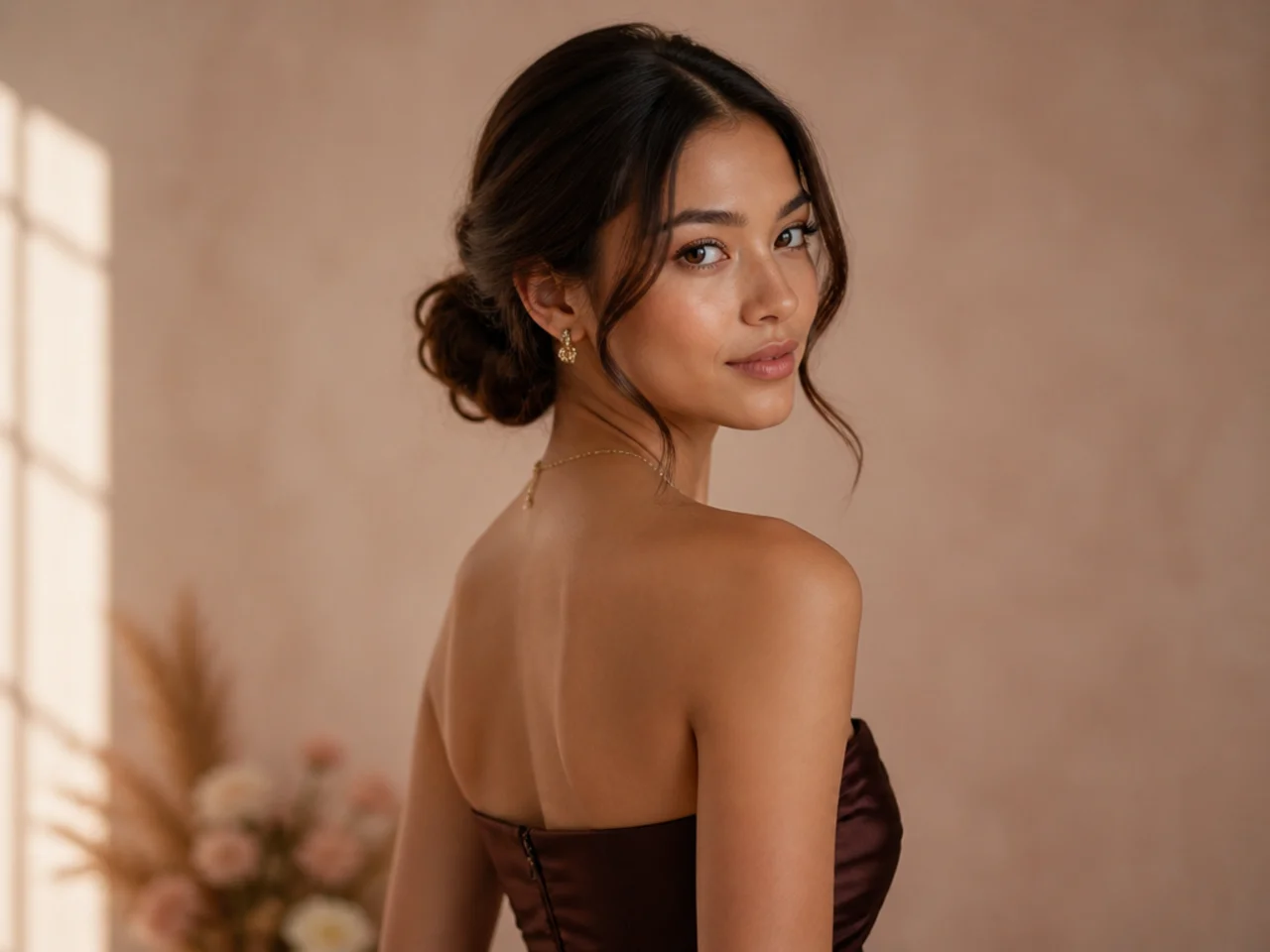 Strapless dress with a low chignon