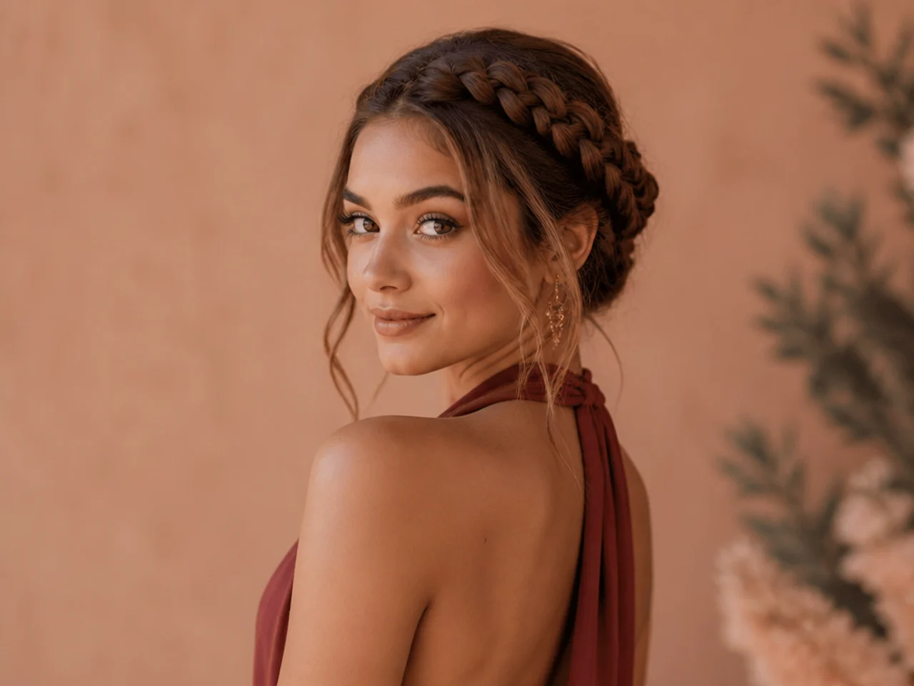 Halter dress with a braided crown