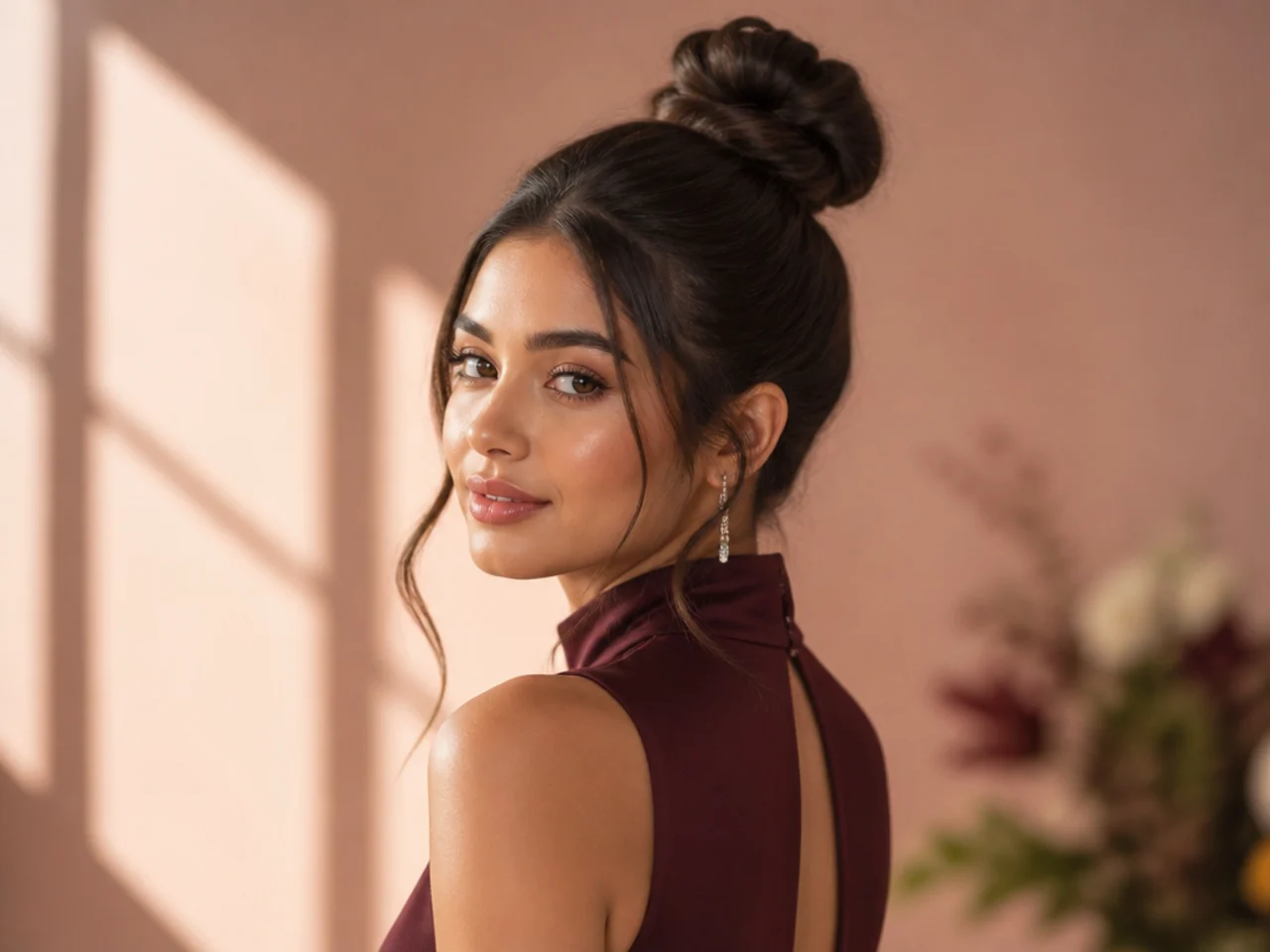 High-neck dress with a top knot