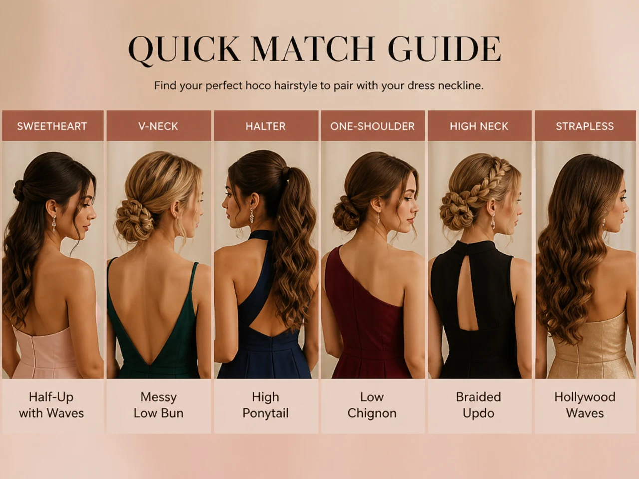 A neckline and hairstyle pairing chart shown as photographs