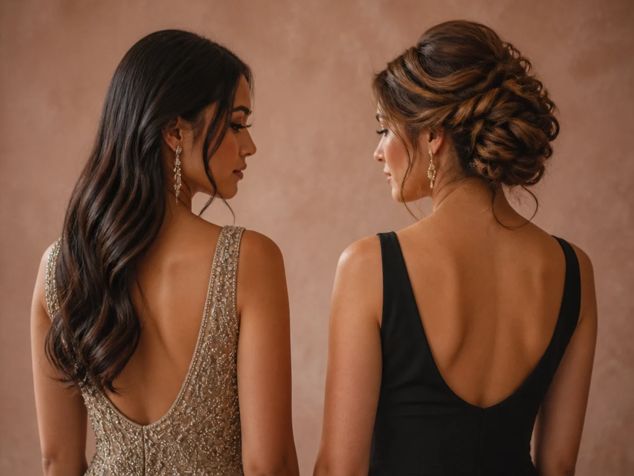 A beaded dress with simple hair beside a plain dress with a detailed updo