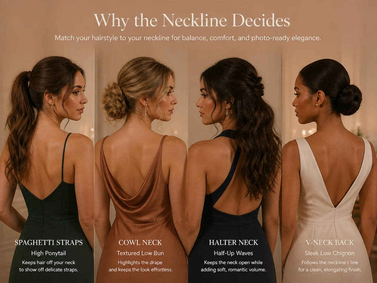 Four dress necklines shown with the hair styles that suit each