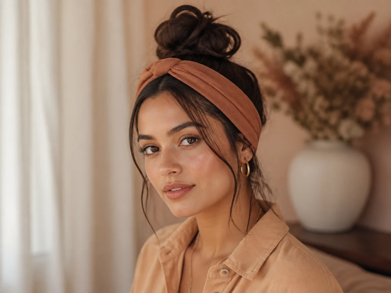 A top knot worn with a headband