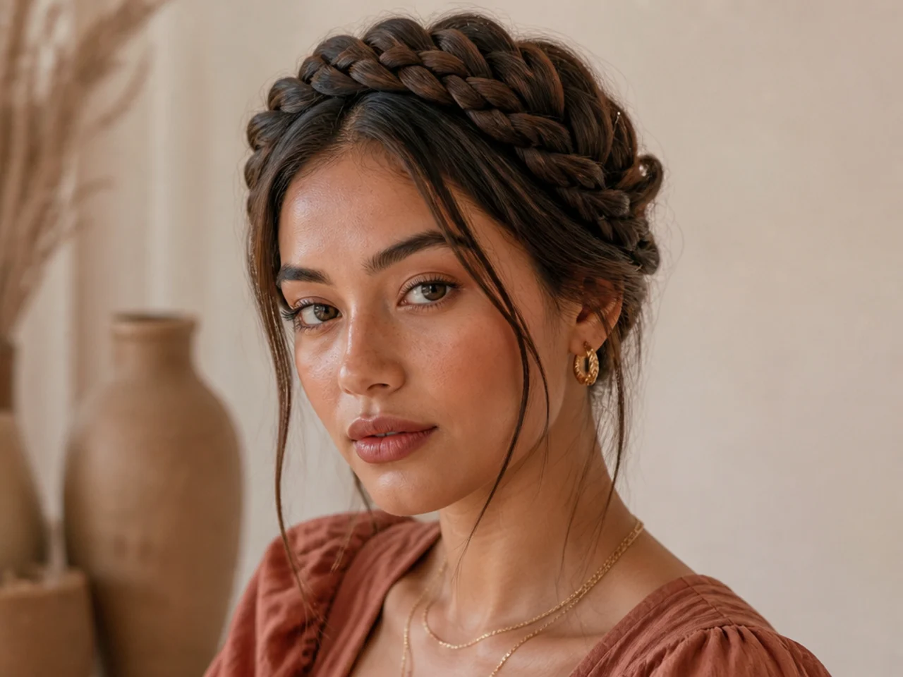 Milkmaid braids pinned over the crown