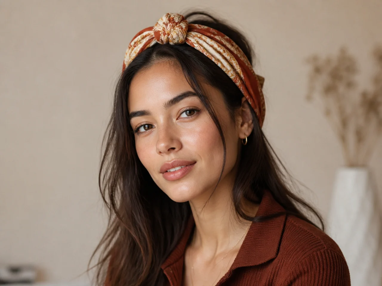 A scarf tied over the crown