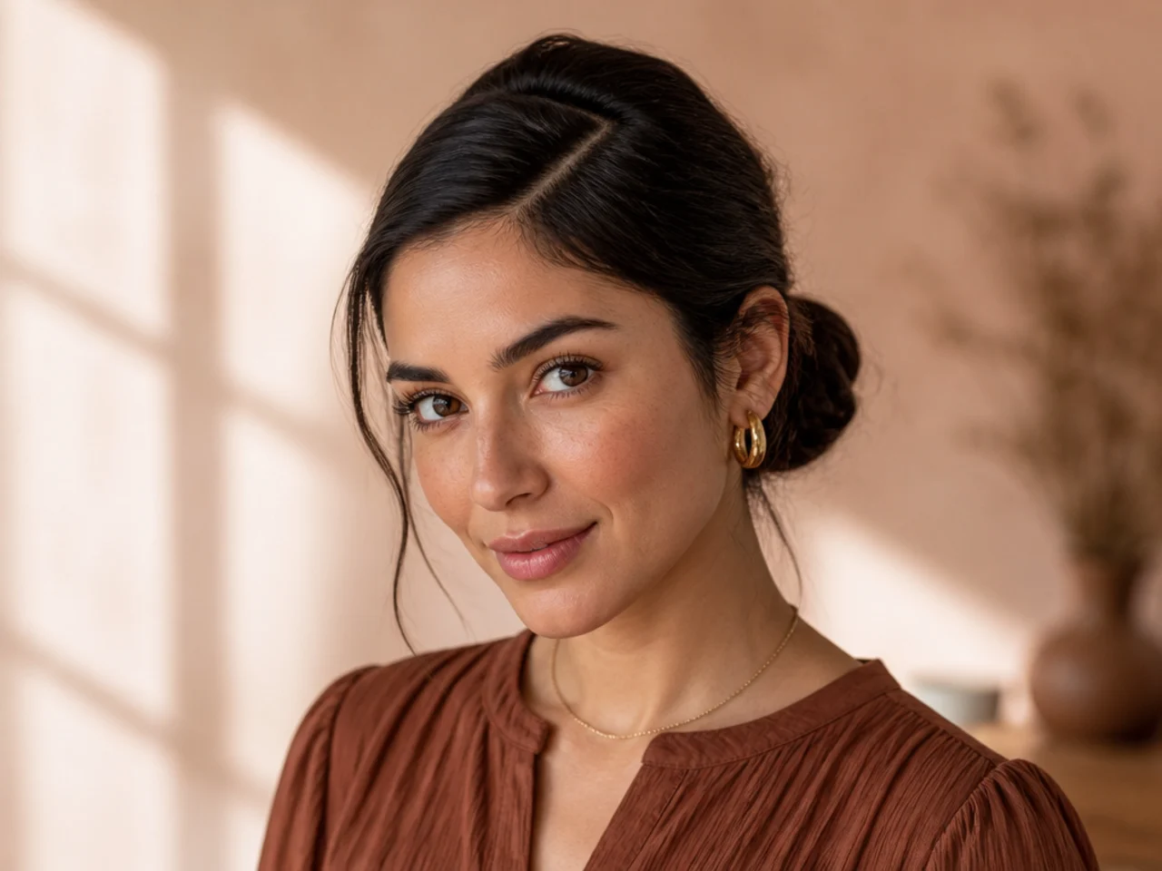 A zigzag parting above a low bun