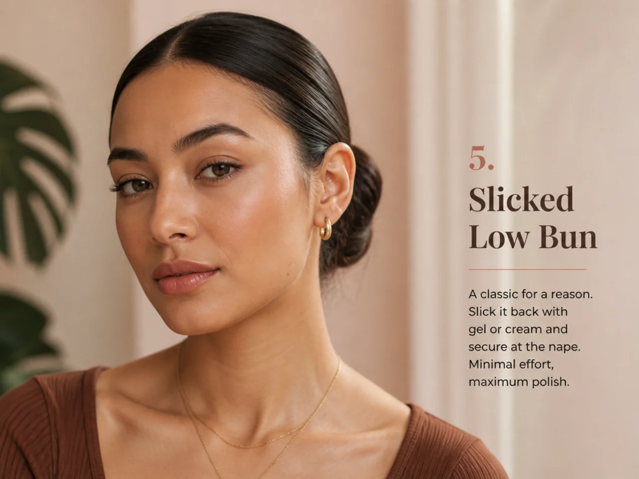 A deliberately slicked low bun