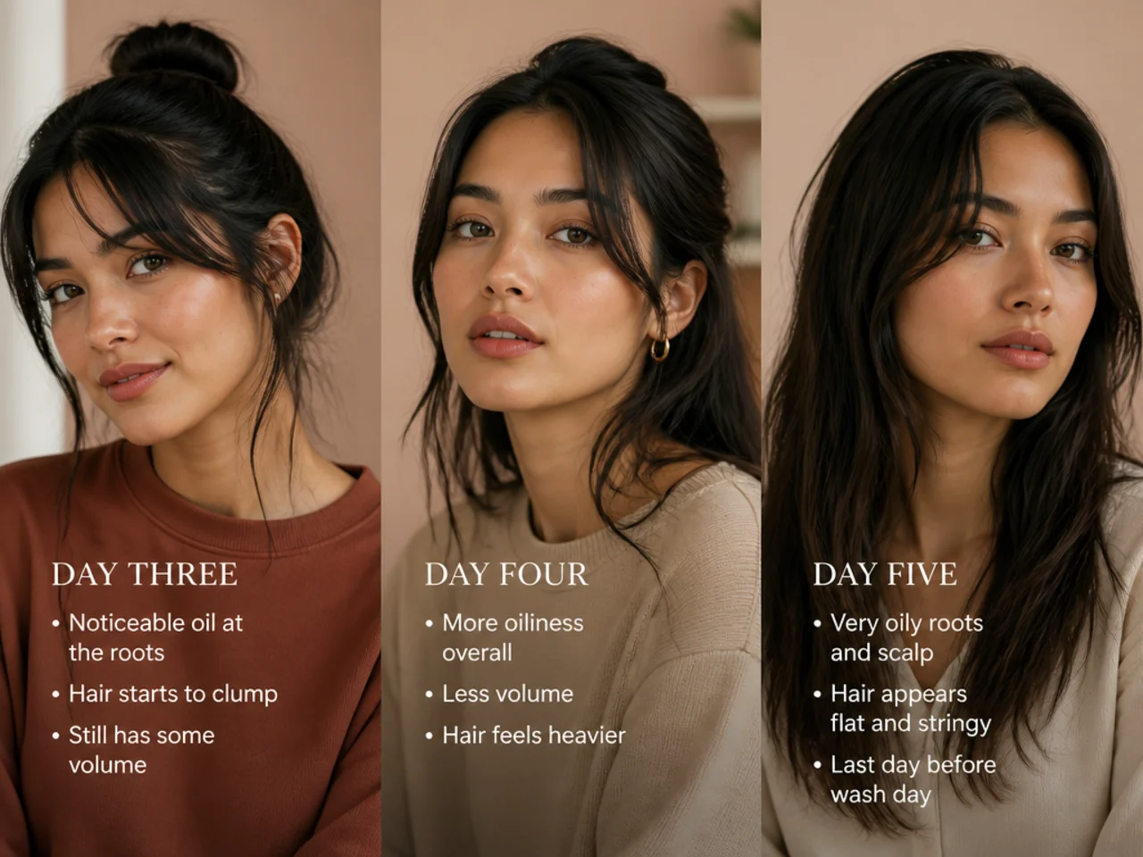 Day three, four and five hair compared side by side