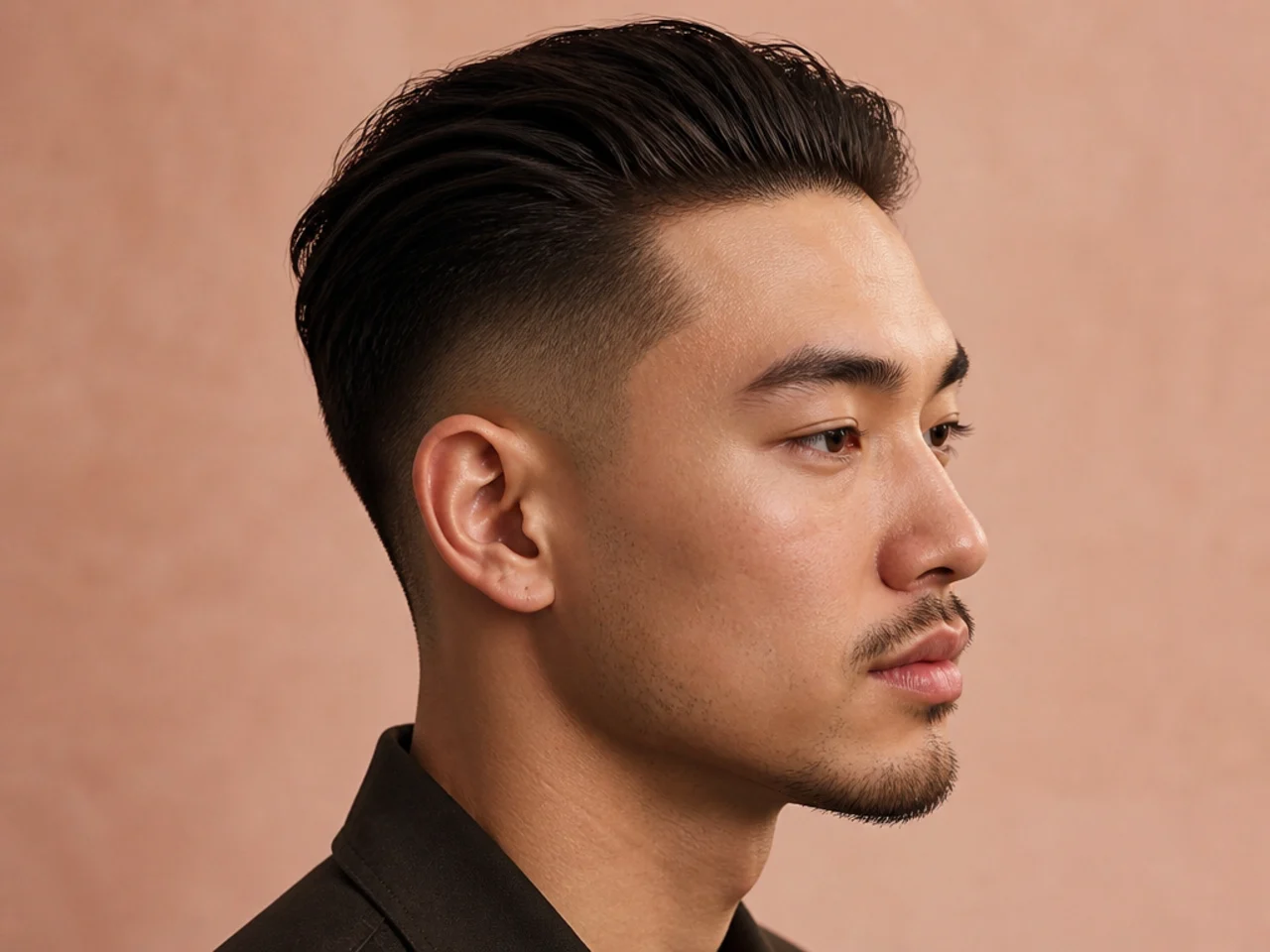 Short disconnected slick back with three-to-four-inch top and shorter buzzed sides