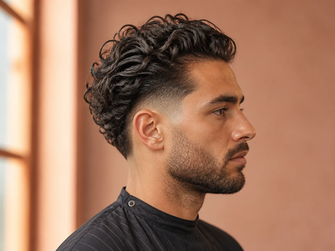 Curly disconnected slick back with 3B curls brushed back over the buzzed sides and hard line