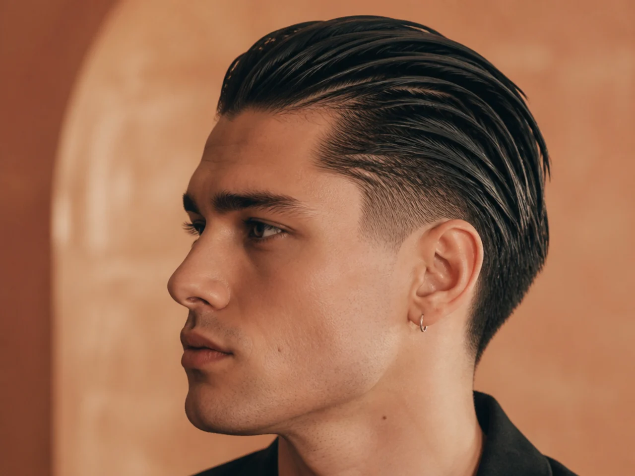 Wet-look disconnected slick back with maximum shine on a formal-wear subject