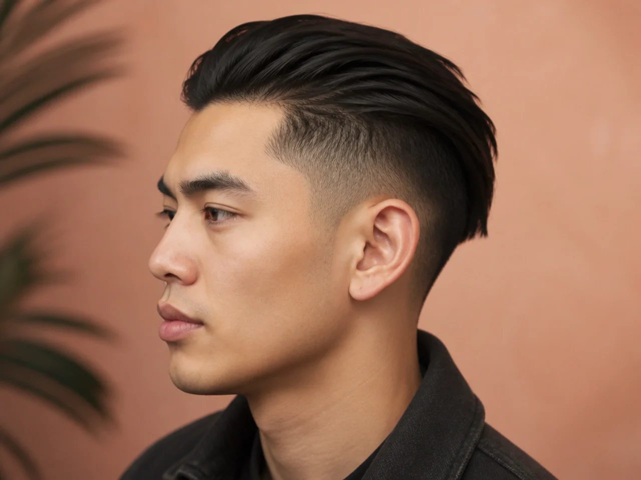 Matte modern disconnected slick back with textured no-shine finish and buzzed sides