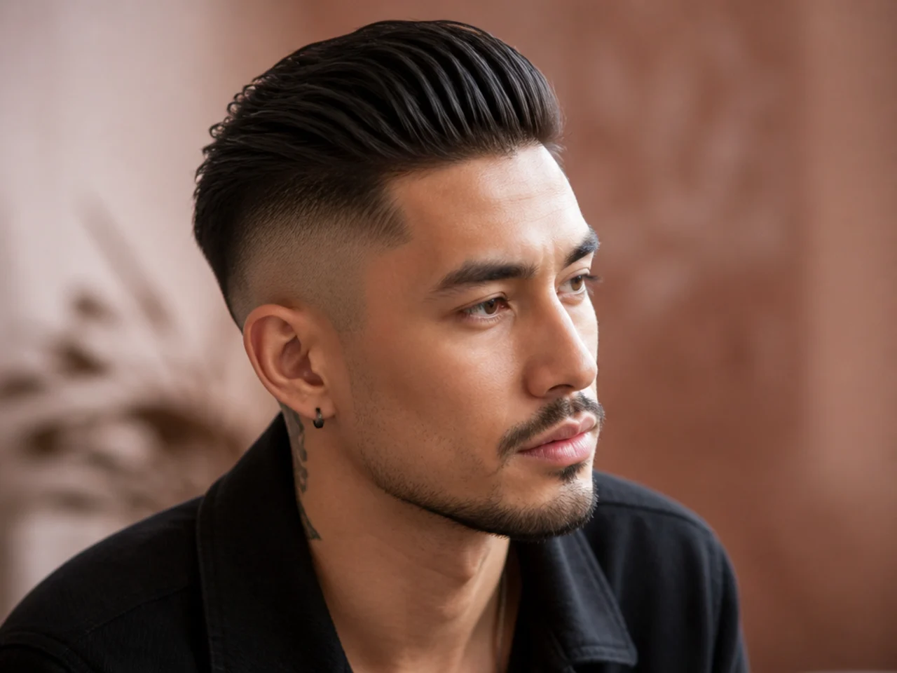 Disconnected slick back undercut with fully buzzed sides at #0.5 and long combed-back top