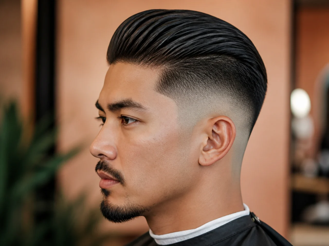 Disconnected slick back with skin fade below the hard line and combed-back top above it