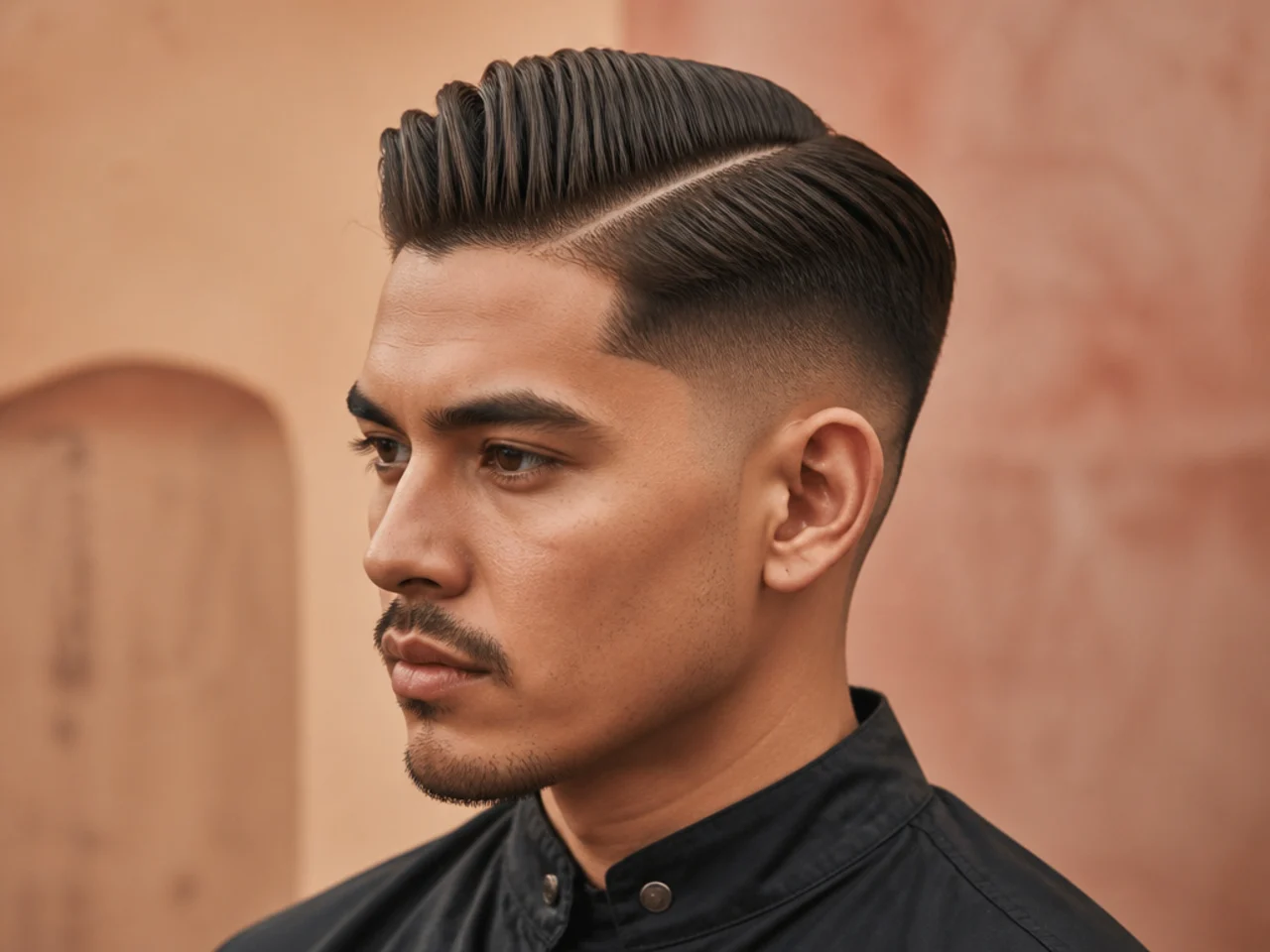 Disconnected slick back with razor-drawn hard part cutting through the buzzed side panel