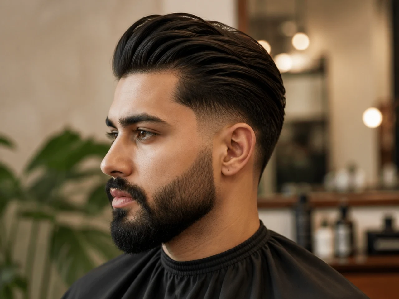 Disconnected slick back with beard trimmed into the buzzed sides at the sideburn