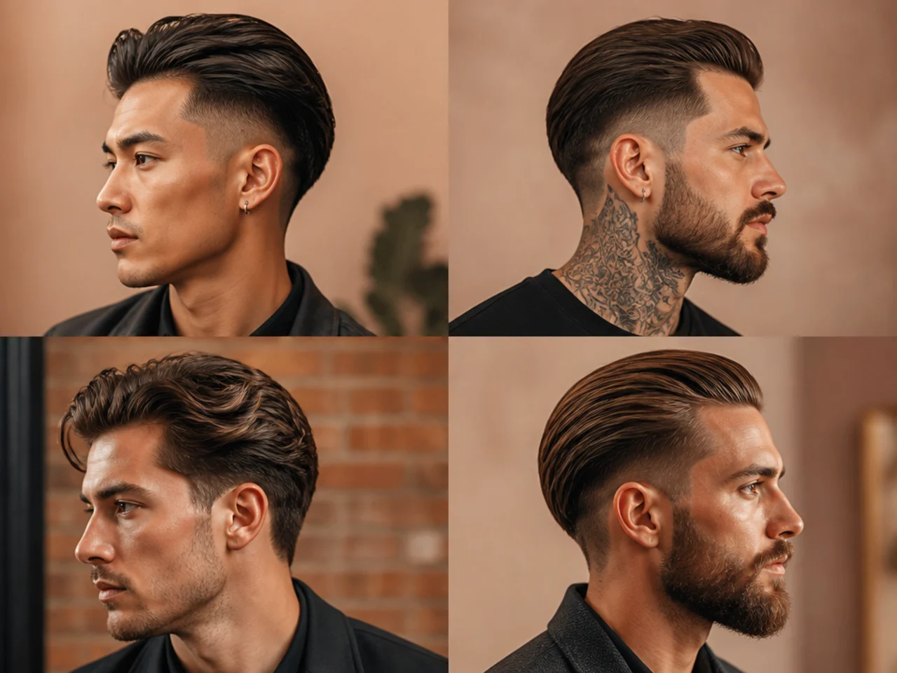 Three men wearing different disconnected slick back variations for round, square, and oval face shapes