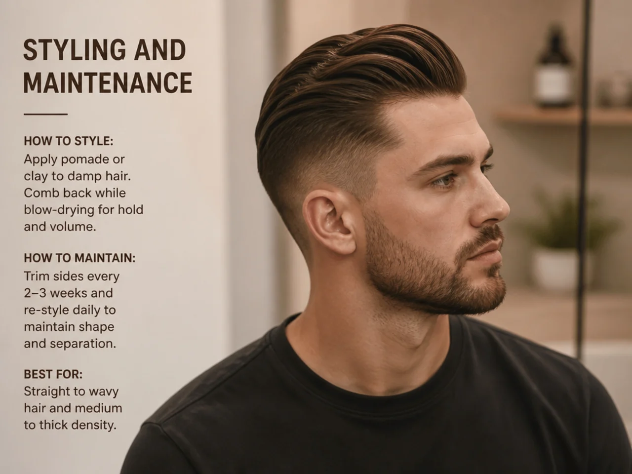 Product lineup for styling a disconnected slick back haircut including pomade, matte clay, comb, and clippers