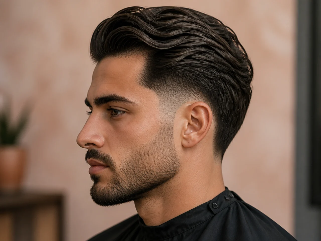 Close-up of a disconnected slick back haircut showing the hard line between long combed-back top and short buzzed sides