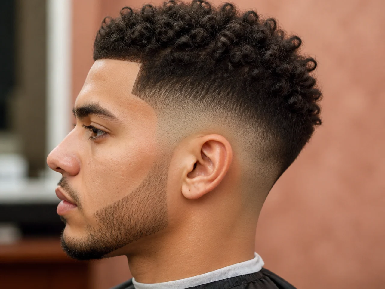 Drop fade with a sharp razored line-up at the front