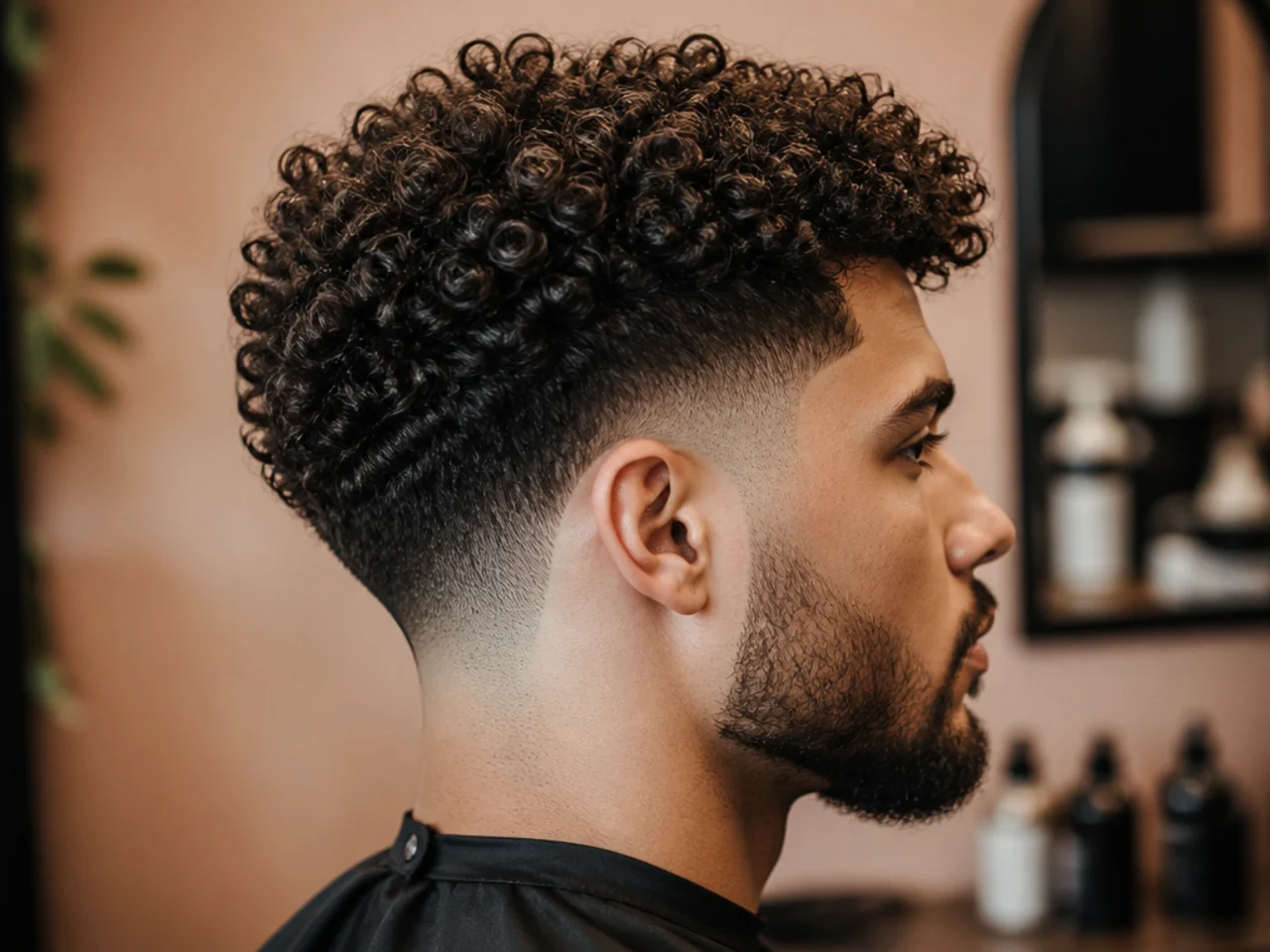 Drop fade with full curls on top