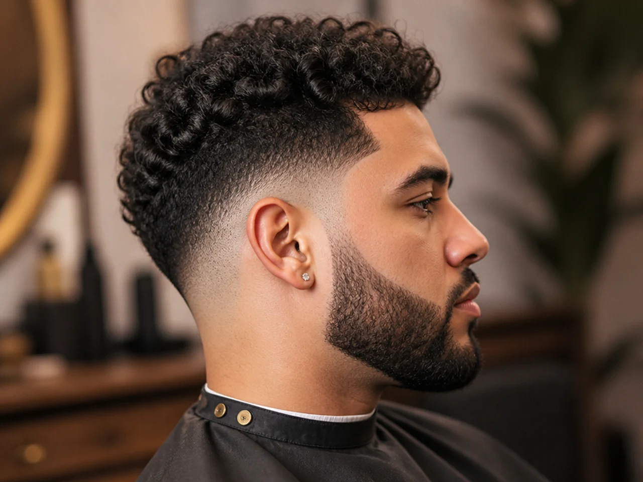 Drop fade curving down to meet a beard at the jaw
