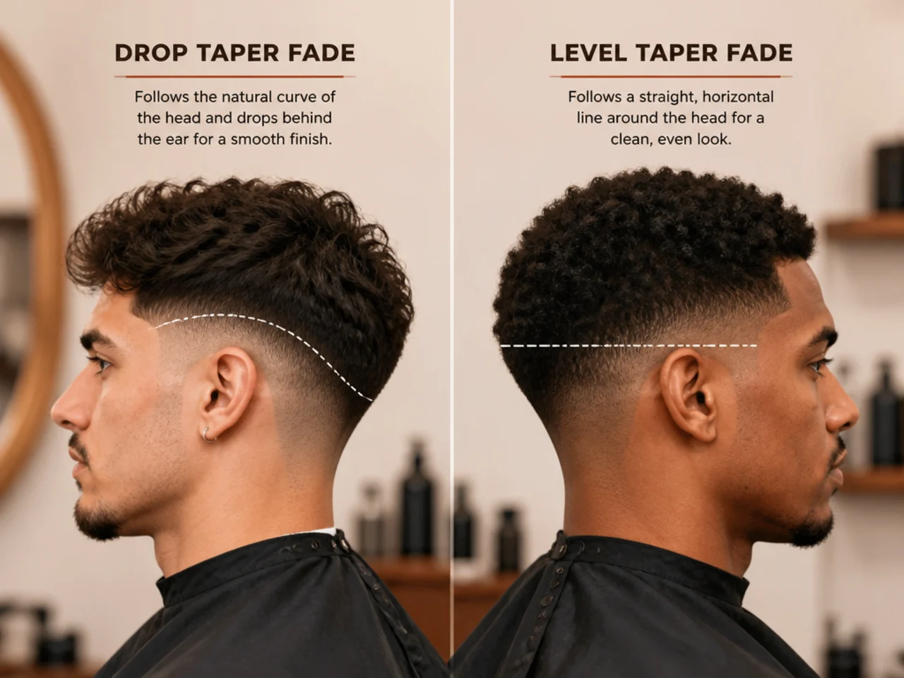 Side view showing the curved drop fade line compared with a level fade line