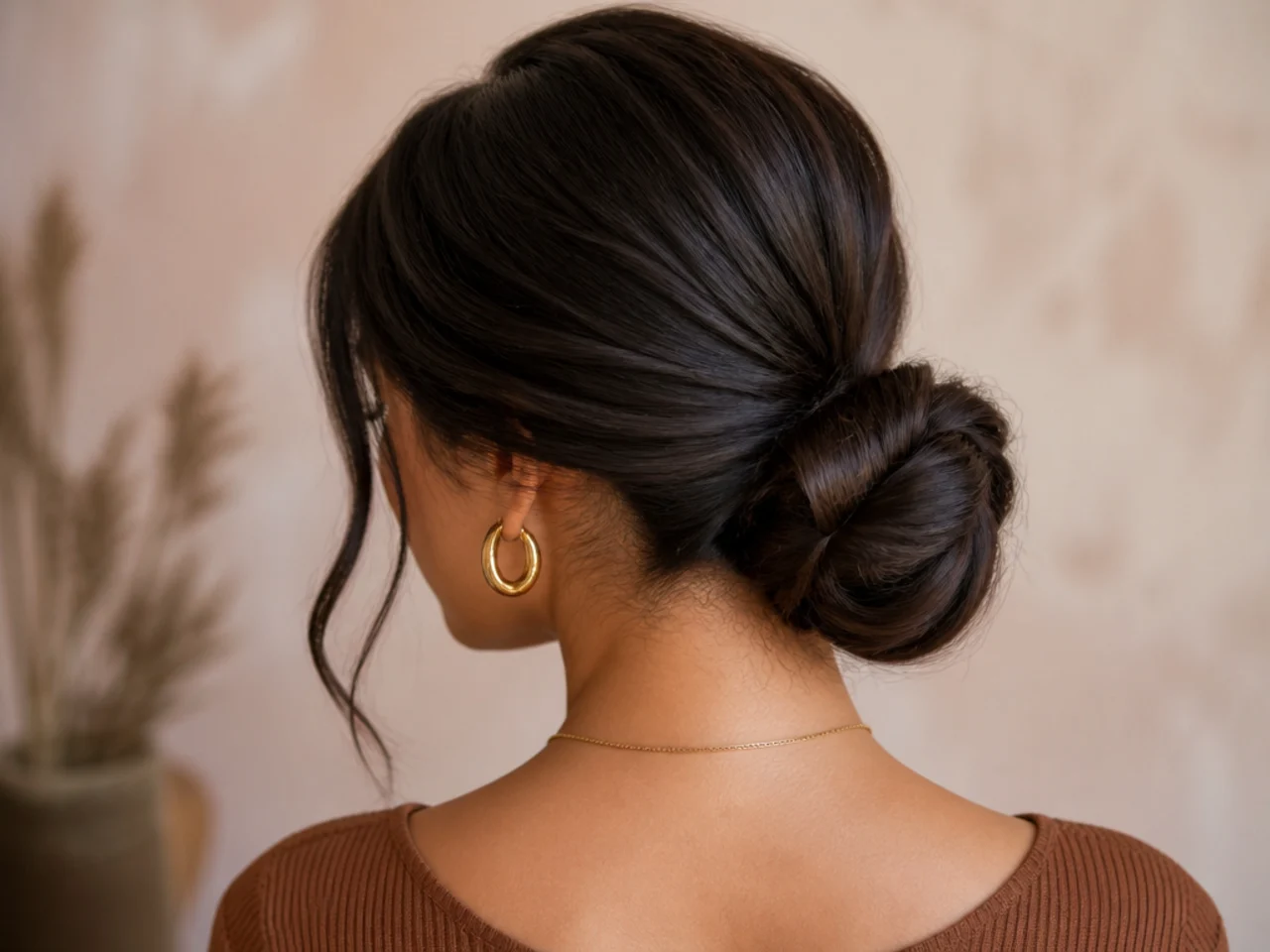 A low bun on thick hair