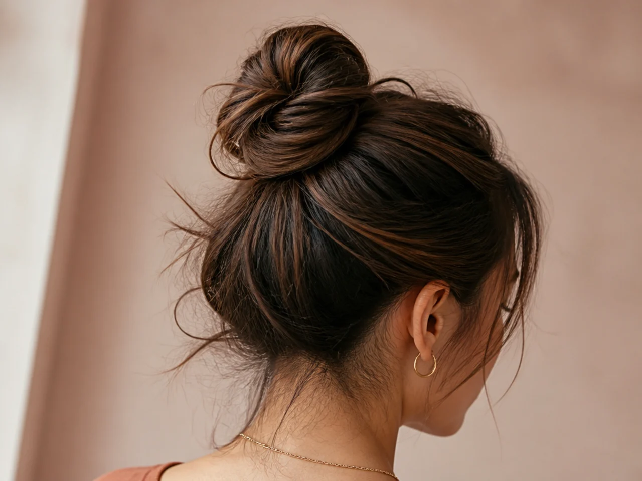 A high bun that has slipped by late afternoon