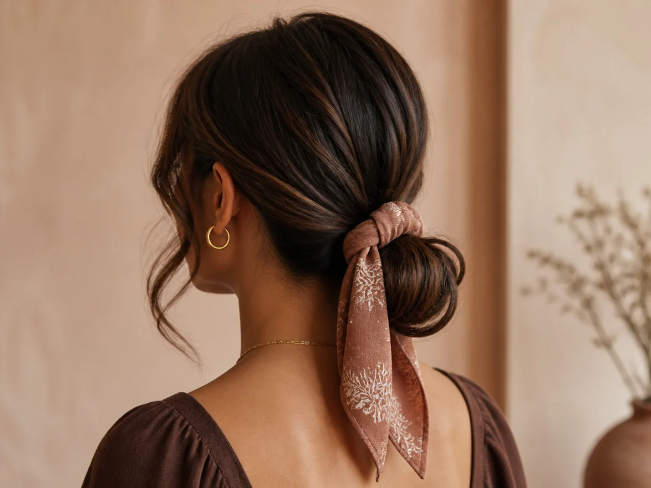 A low bun with a fabric tie