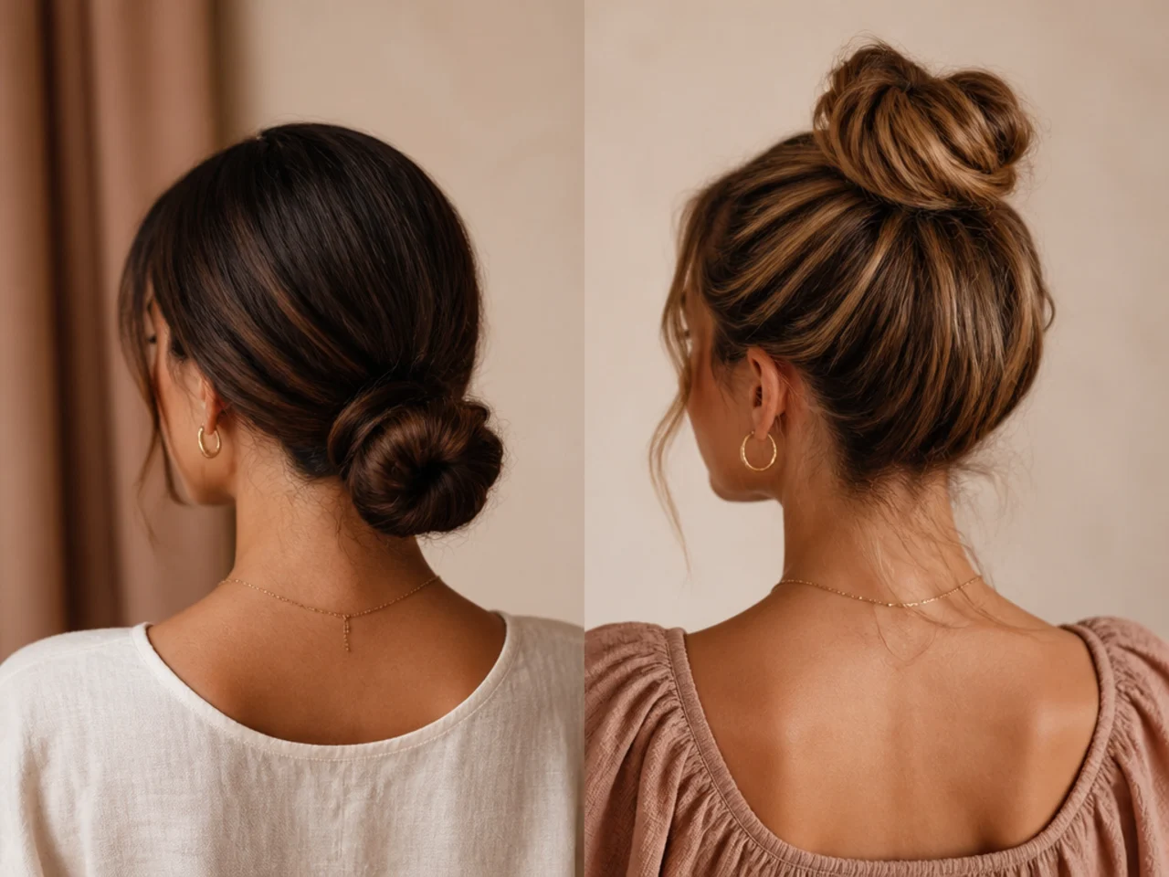 A low bun position compared with a high one