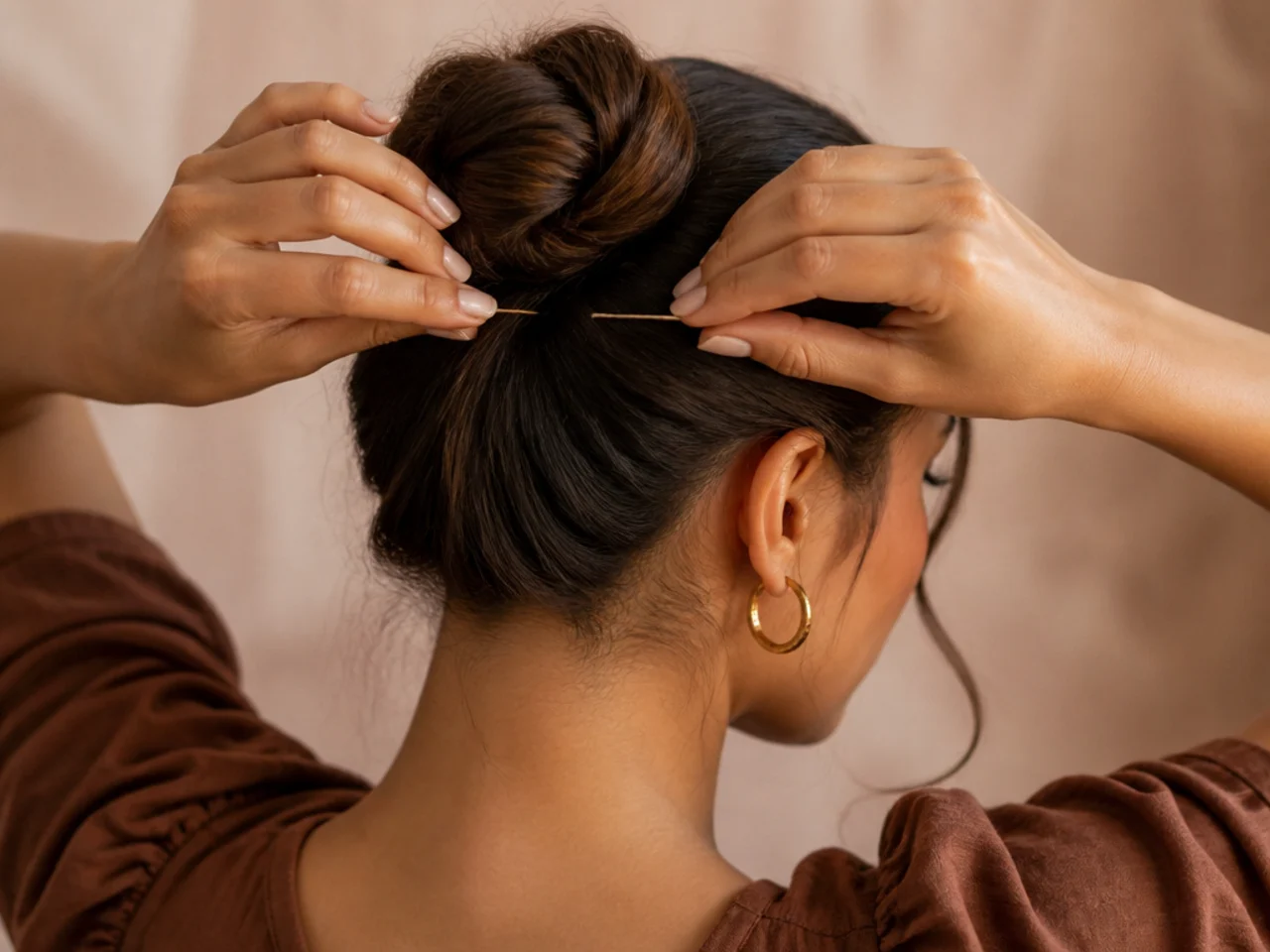 A pin being crossed into hair near the scalp