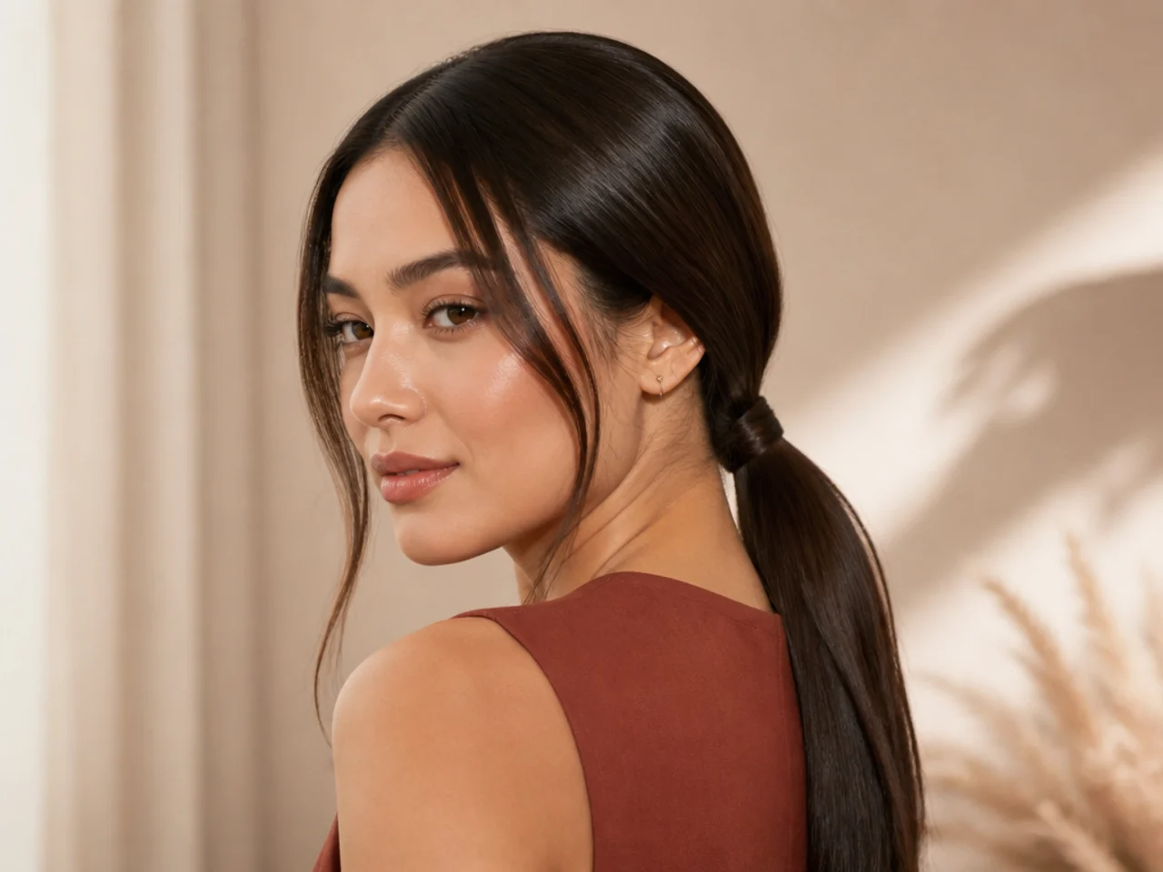 A low ponytail with the tie wrapped