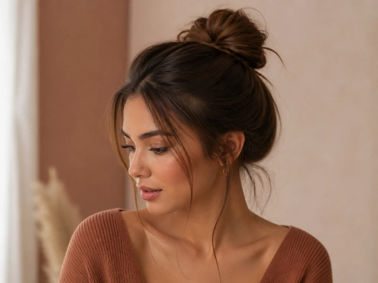 A messy bun on second-day straight hair