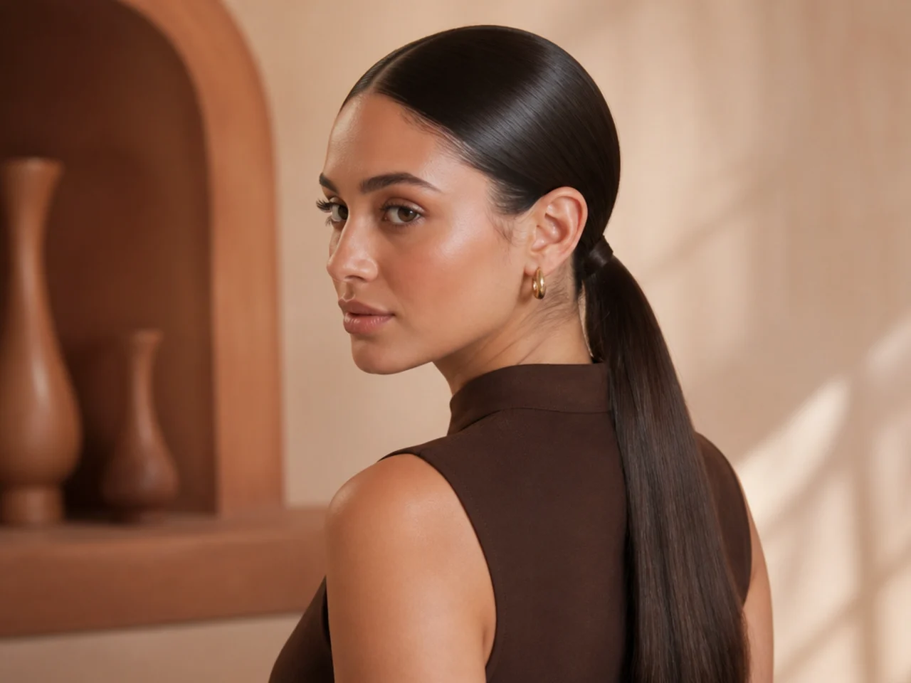 A slicked low ponytail