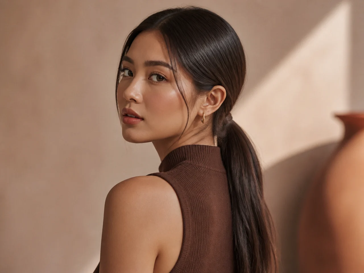 A low ponytail on straight hair