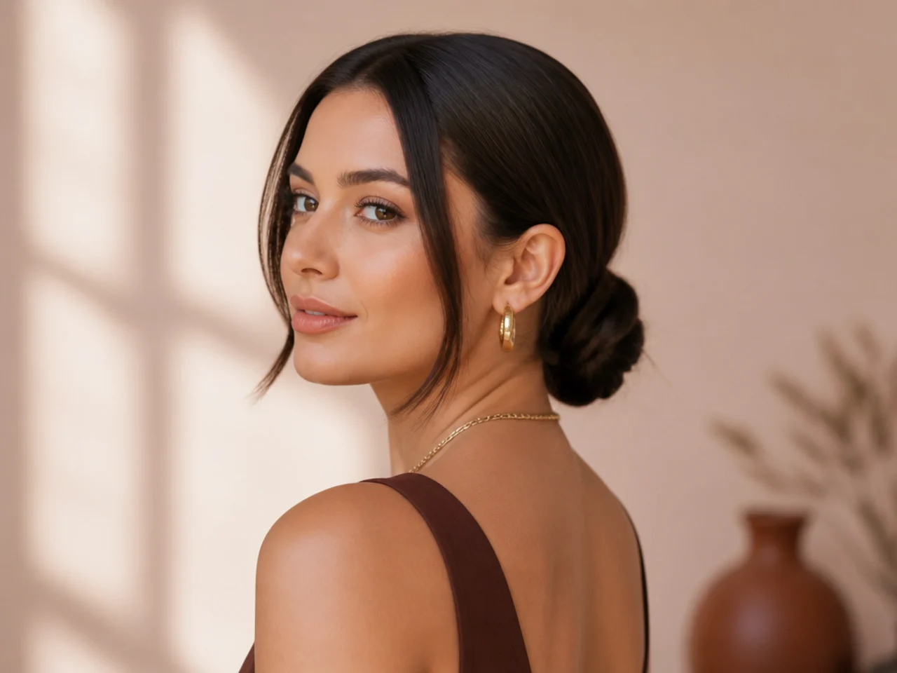A low bun secured with one tie