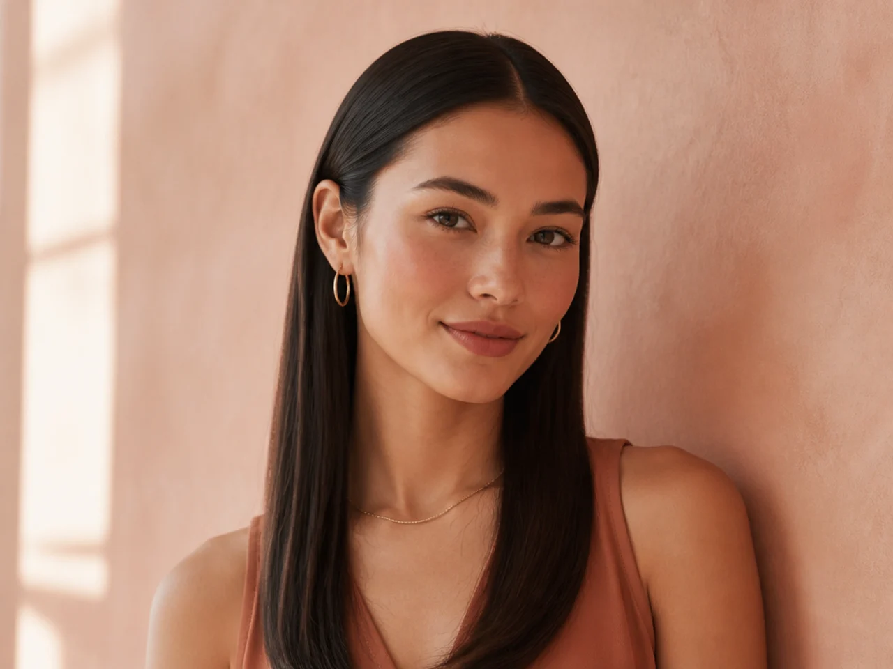Straight hair tucked behind both ears