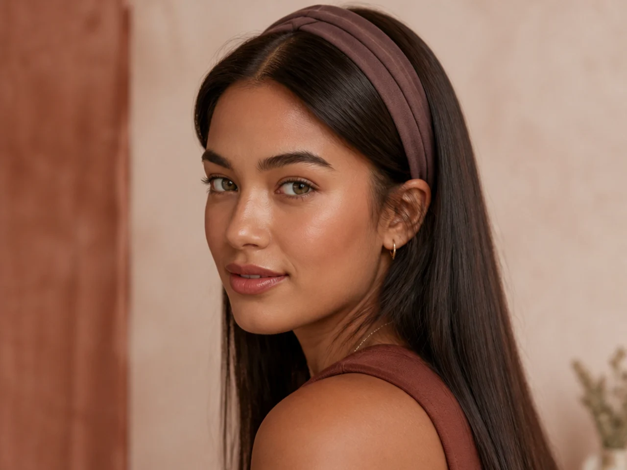 A headband worn over loose straight hair