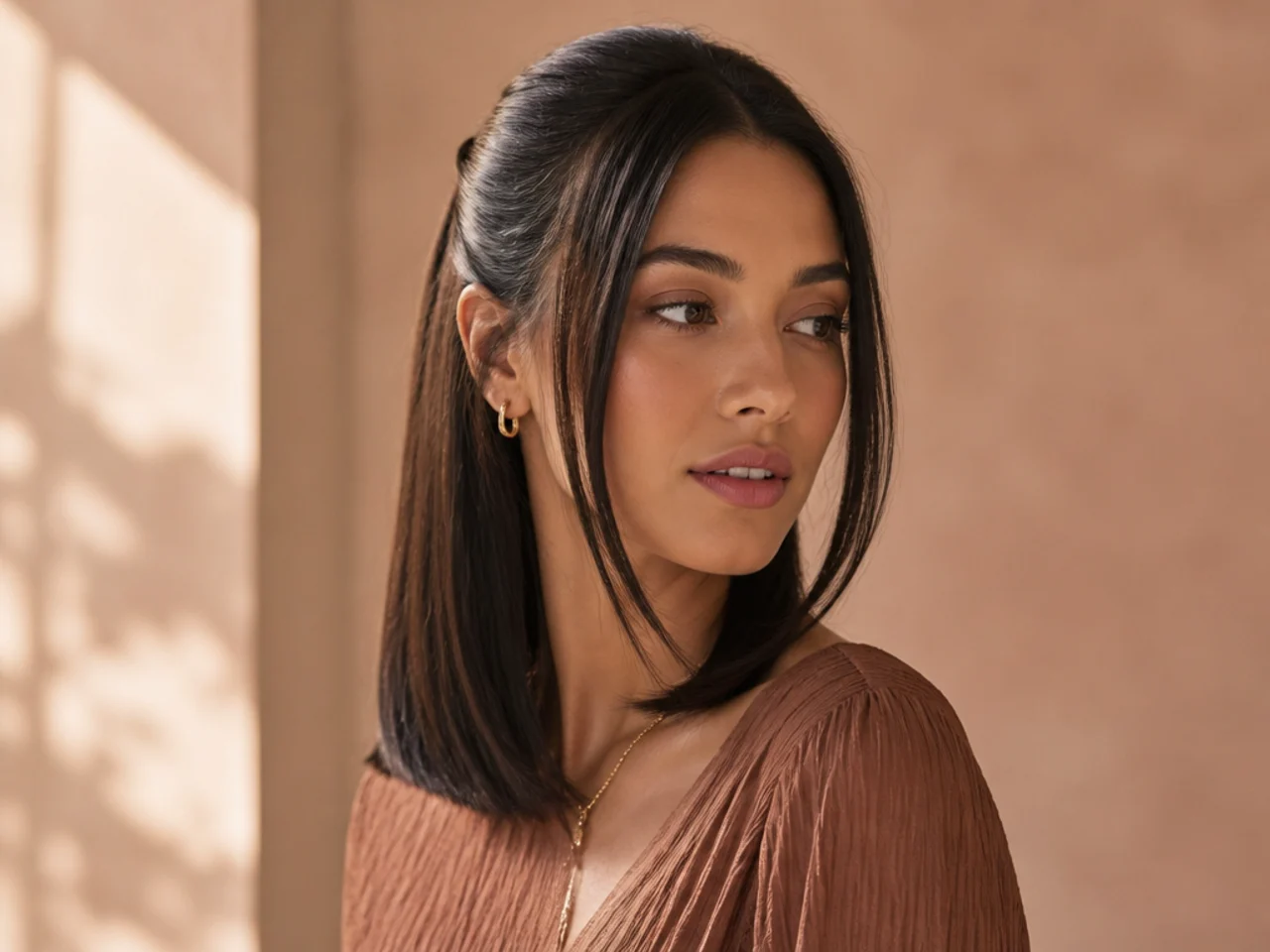 Three-quarter view of a quick straight hair style