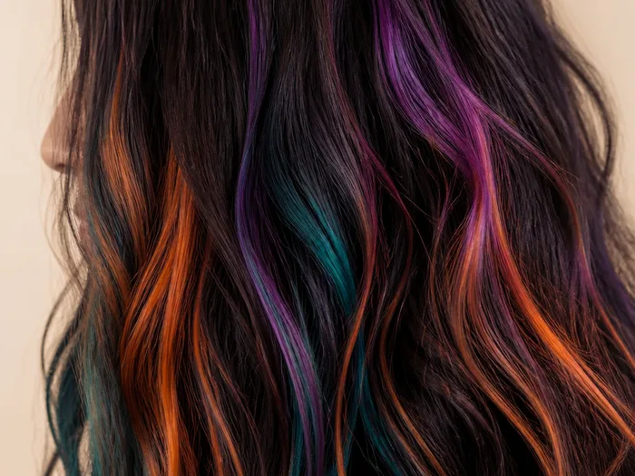 Bold hair chalk color accents on dark hair