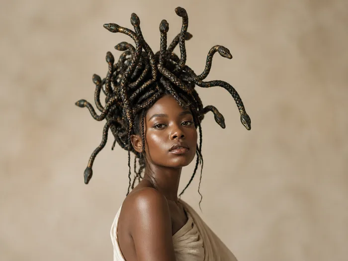 Medusa snake braids piled high with wild texture
